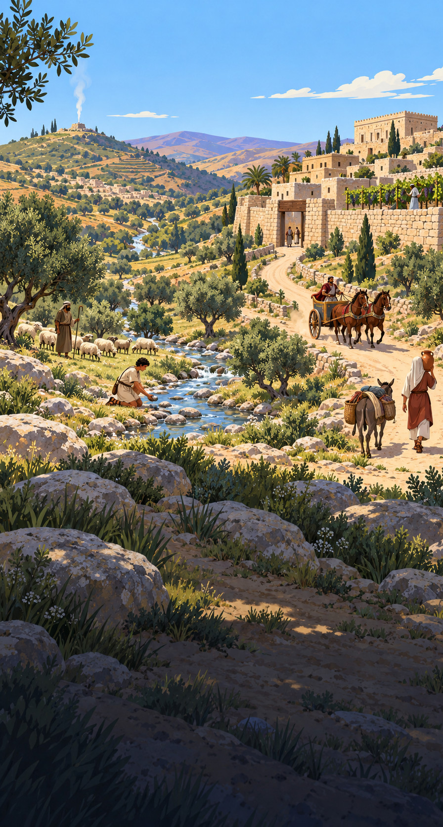 A sunlit valley in ancient Israel: smoke rising from a far hill, a boy at a brook, and a chariot on the road to a walled town with vines along its wall